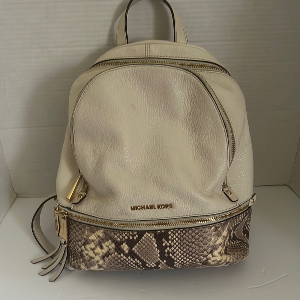 Michael Kors Cream and Brown Snake Print Backpack
